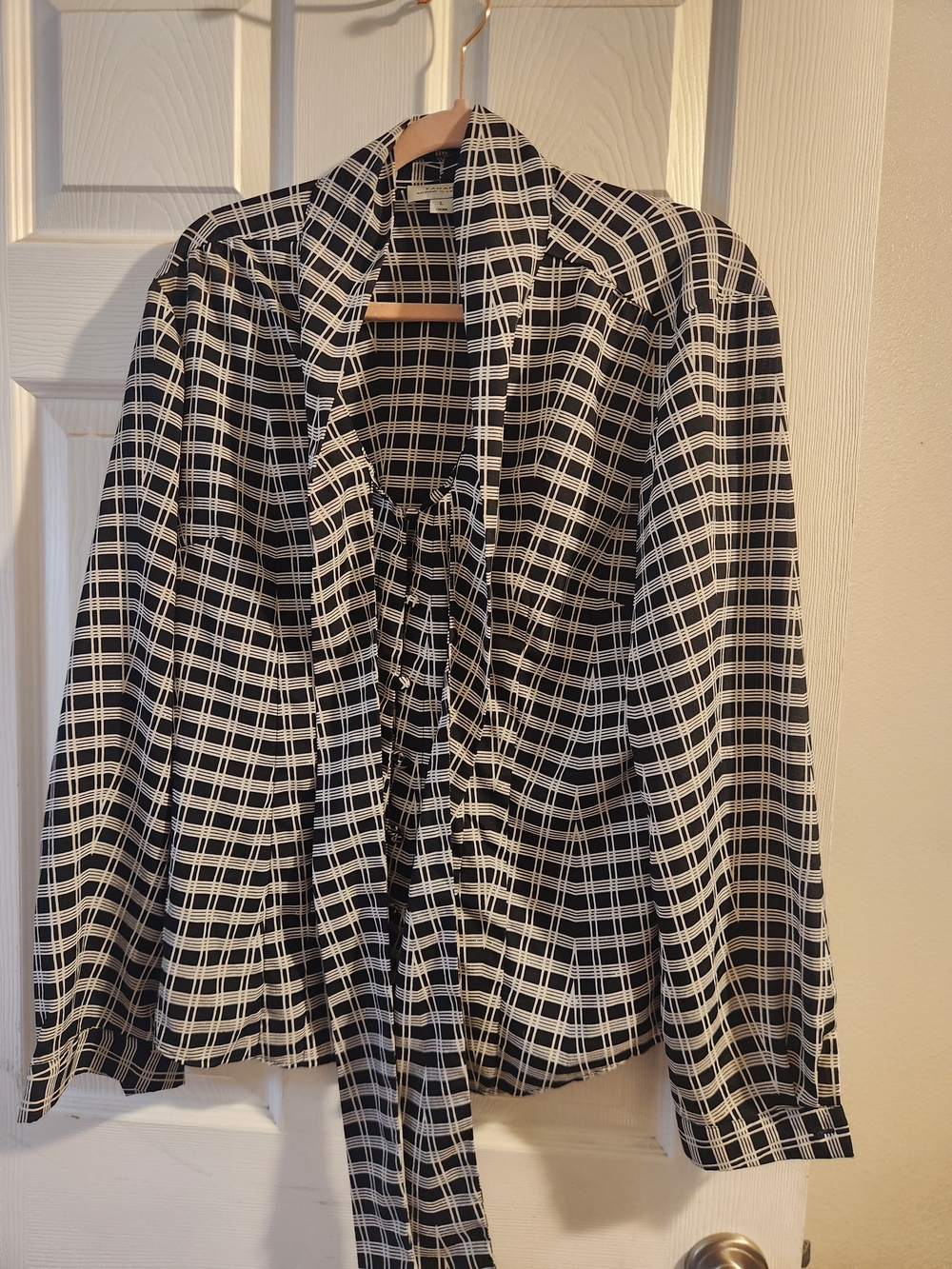 Tahari Black and White Plaid Button-Down Tie-Neck Blouse